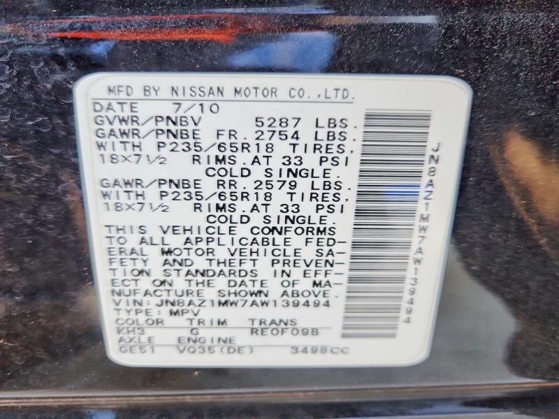Продажа на аукционе авто 2010 Nissan Murano, vin: JN8AZ1MW7AW139494, номер лота: 71435906