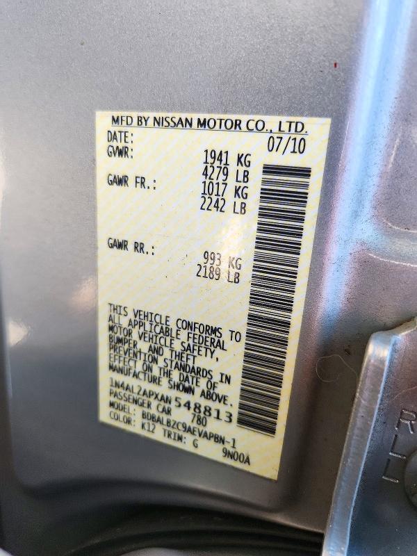 2010 Nissan Altima მანქანა იყიდება აუქციონზე, vin: 1N4AL2APXAN548813, აუქციონის ნომერი: 71754426