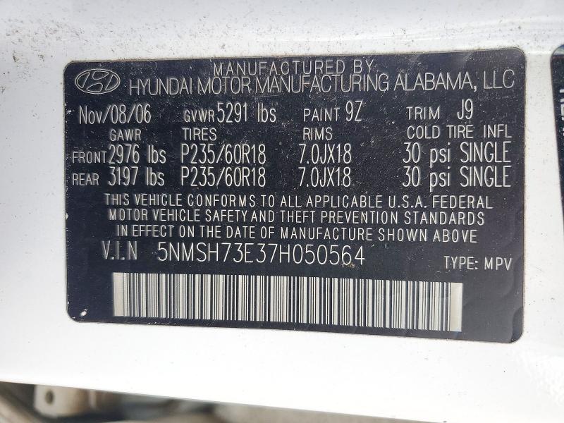 2007 Hyundai Santa Fe მანქანა იყიდება აუქციონზე, vin: 5NMSH73E37H050564, აუქციონის ნომერი: 72375656