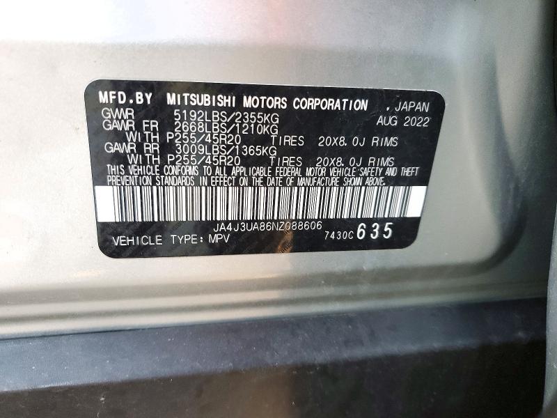 Aukcja sprzedaży 2022 Mitsubishi Outlander, vin: JA4J3UA86NZ088606, numer aukcji: 72613896