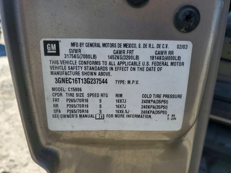 Aukcja sprzedaży 2003 Chevrolet Suburban, vin: 3GNEC16T13G237544, numer aukcji: 71867206