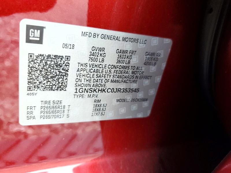 72425046 :رقم المزاد ، 1GNSKHKC0JR353545 vin ، 2018 Chevrolet Suburban مزاد بيع