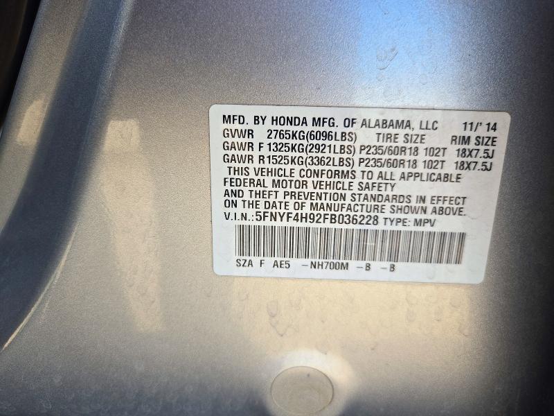 Продаж на аукціоні авто 2015 Honda Pilot, vin: 5FNYF4H92FB036228, номер лоту: 73121116