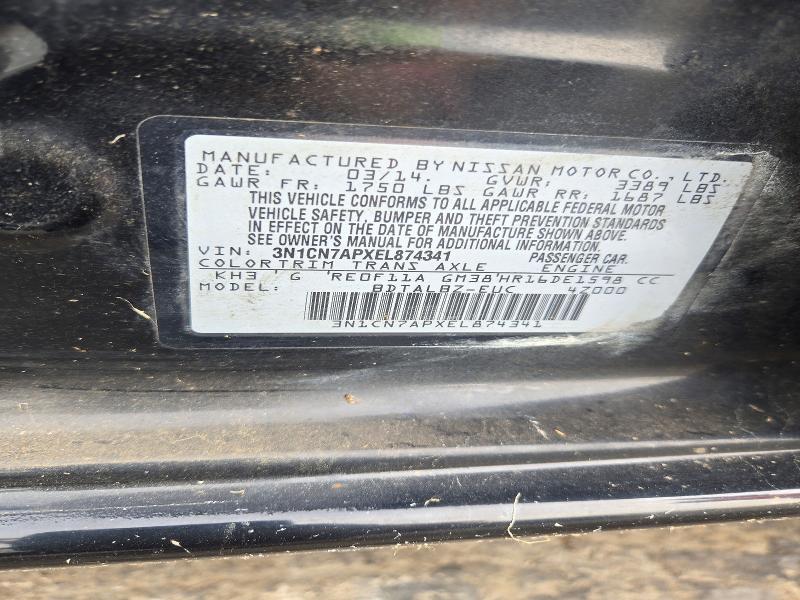 72441716 :رقم المزاد ، 3N1CN7APXEL874341 vin ، 2014 Nissan Versa مزاد بيع