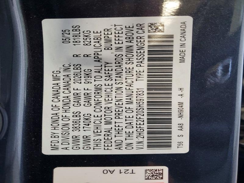 Продажа на аукционе авто 2025 Honda Civic, vin: 2HGFE2F20SH597831, номер лота: 72740246