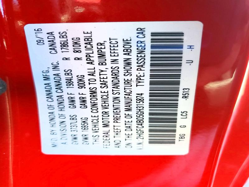 71048276 :رقم المزاد ، 2HGFC4B05GH315874 vin ، 2016 Honda Civic مزاد بيع