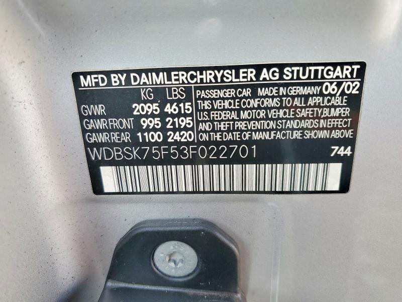 Продаж на аукціоні авто 2003 Mercedes-benz Sl, vin: WDBSK75F53F022701, номер лоту: 70925206