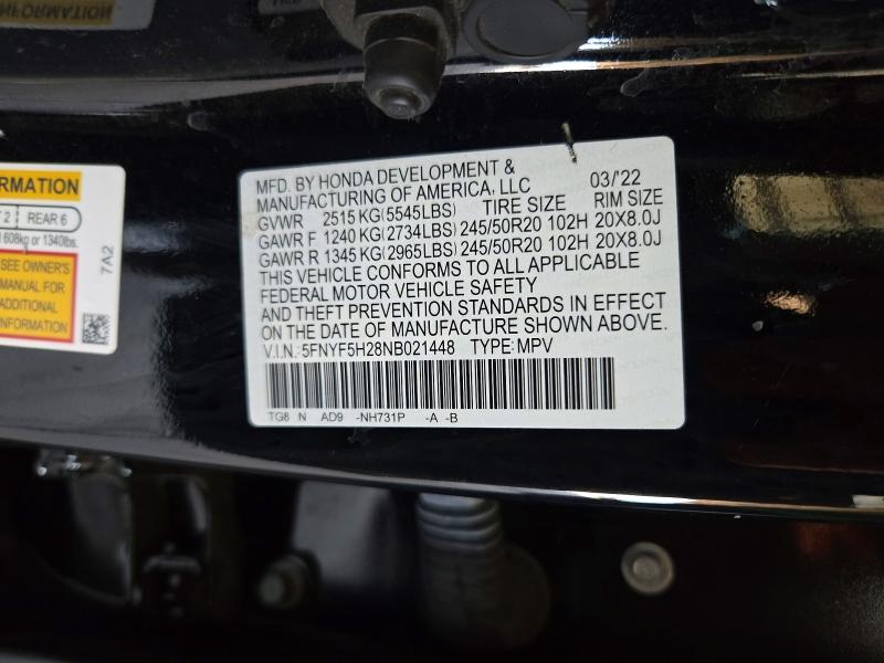 2022 Honda Pilot მანქანა იყიდება აუქციონზე, vin: 5FNYF5H28NB021448, აუქციონის ნომერი: 72021716