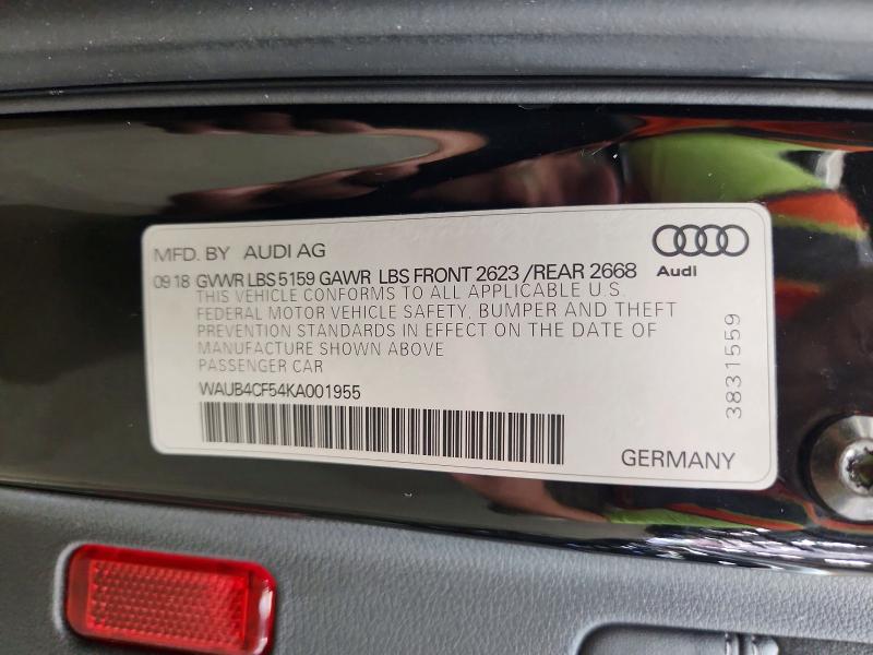 2019 Audi S5 მანქანა იყიდება აუქციონზე, vin: WAUB4CF54KA001955, აუქციონის ნომერი: 71904546