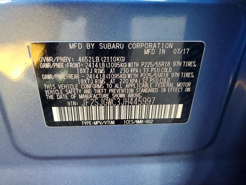 2018 Subaru Forester მანქანა იყიდება აუქციონზე, vin: JF2SJGWC3JH445997, აუქციონის ნომერი: 72270956