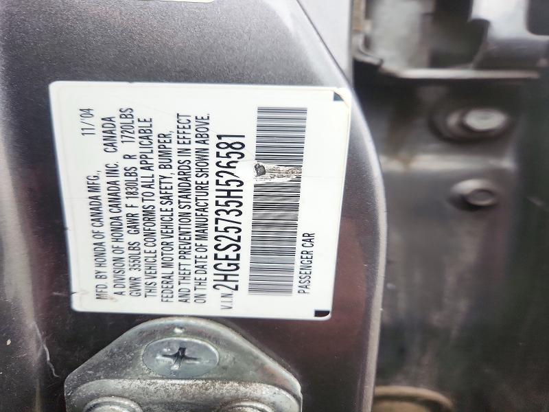 Aukcja sprzedaży 2005 Honda Civic, vin: 2HGES25735H526581, numer aukcji: 72990476