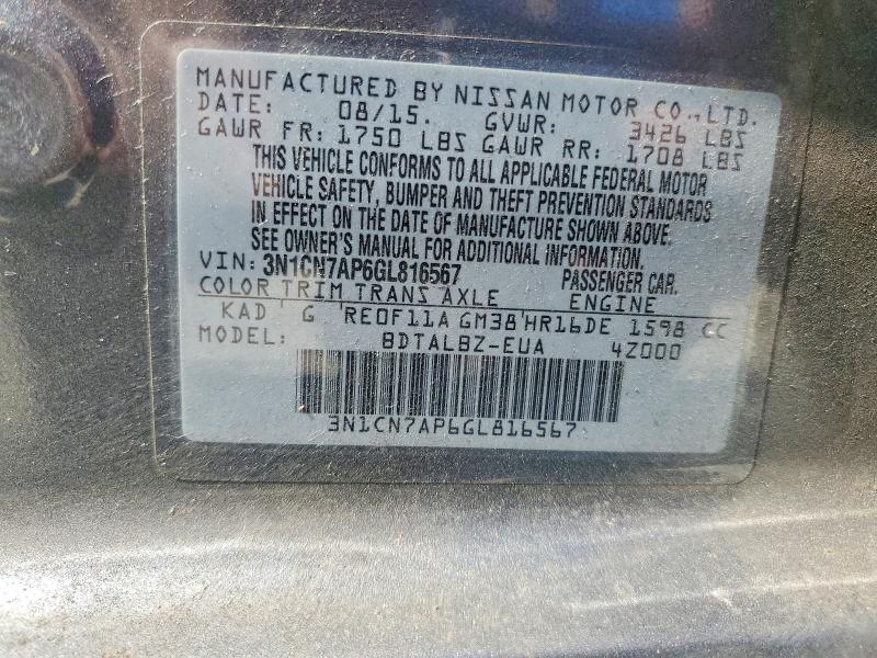 2016 Nissan Versa მანქანა იყიდება აუქციონზე, vin: 3N1CN7AP6GL816567, აუქციონის ნომერი: 72044646