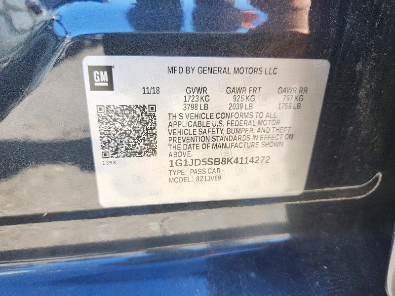 71995186 :رقم المزاد ، 1G1JD5SB8K4114272 vin ، 2019 Chevrolet Sonic مزاد بيع