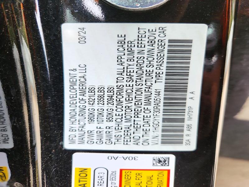 2024 Honda Accord მანქანა იყიდება აუქციონზე, vin: 1HGCY1F30RA051441, აუქციონის ნომერი: 72546836
