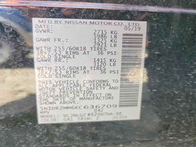 Продаж на аукціоні авто 2019 Nissan Pathfinder, vin: 5N1DR2MM6KC636709, номер лоту: 71145166