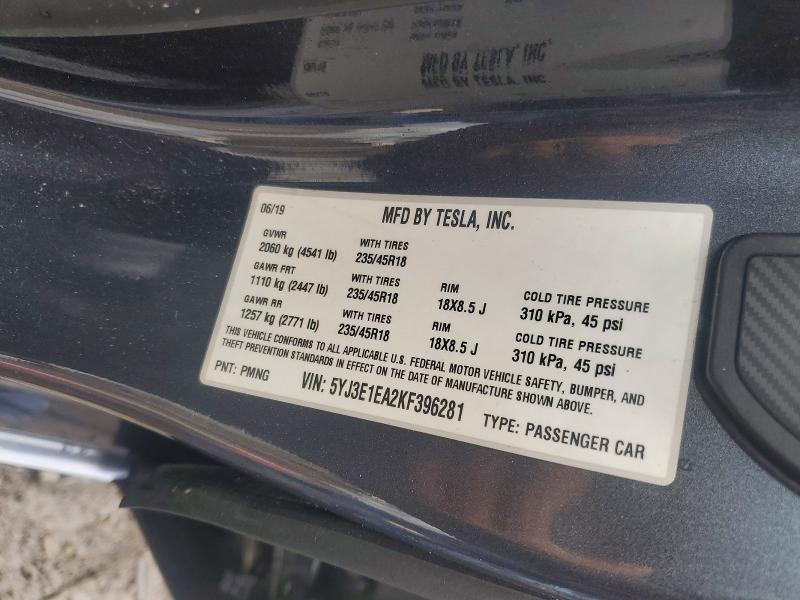 2019 Tesla Model 3 მანქანა იყიდება აუქციონზე, vin: 5YJ3E1EA2KF396281, აუქციონის ნომერი: 70964036
