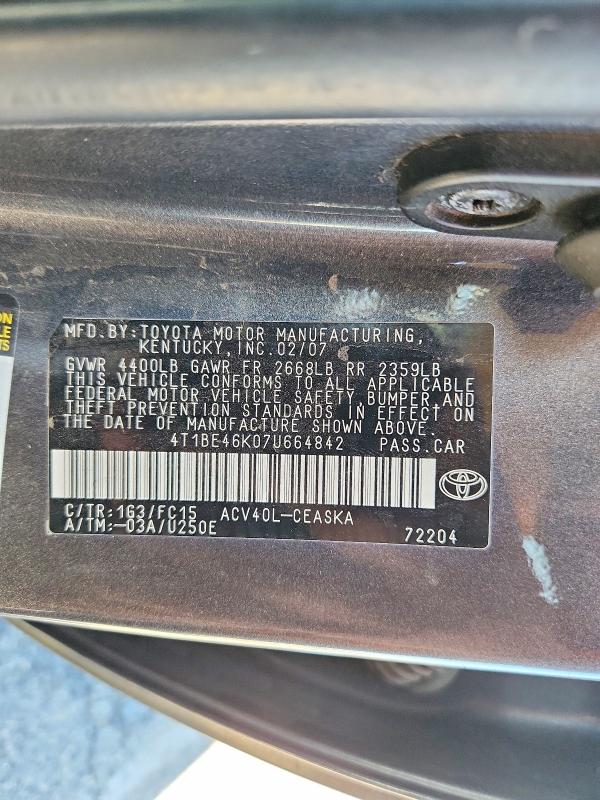 Продаж на аукціоні авто 2007 Toyota Camry, vin: 4T1BE46K07U664842, номер лоту: 71426006