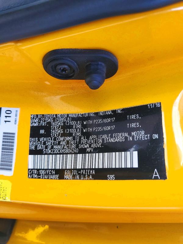 72241686 :رقم المزاد ، 5TDKZ3DCXHS804240 vin ، 2017 Toyota Sienna مزاد بيع