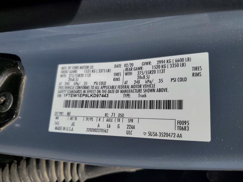 71264346 :رقم المزاد ، 1FTEW1EP9LKD97443 vin ، 2020 Ford F150 مزاد بيع