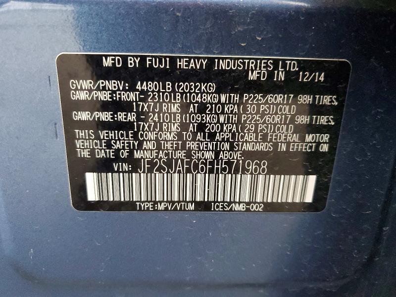 Продажа на аукционе авто 2015 Subaru Forester, vin: JF2SJAFC6FH571968, номер лота: 72684306
