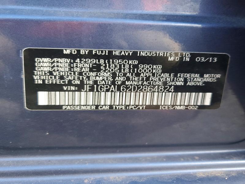 72544596 :رقم المزاد ، JF1GPAL62D2864824 vin ، 2013 Subaru Impreza مزاد بيع