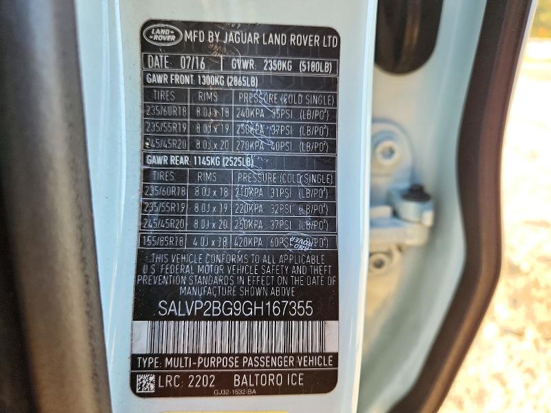 Aukcja sprzedaży 2016 Land Rover Range Rover Evoque, vin: SALVP2BG9GH167355, numer aukcji: 72014556