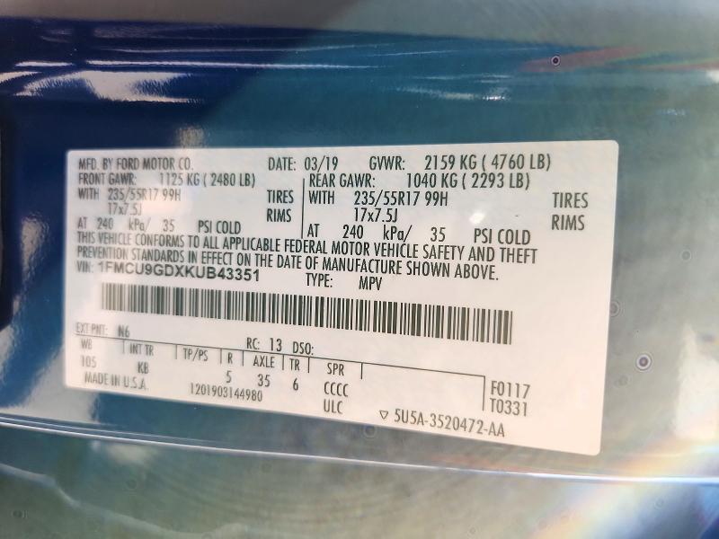 Продаж на аукціоні авто 2019 Ford Escape, vin: 1FMCU9GDXKUB43351, номер лоту: 71251566