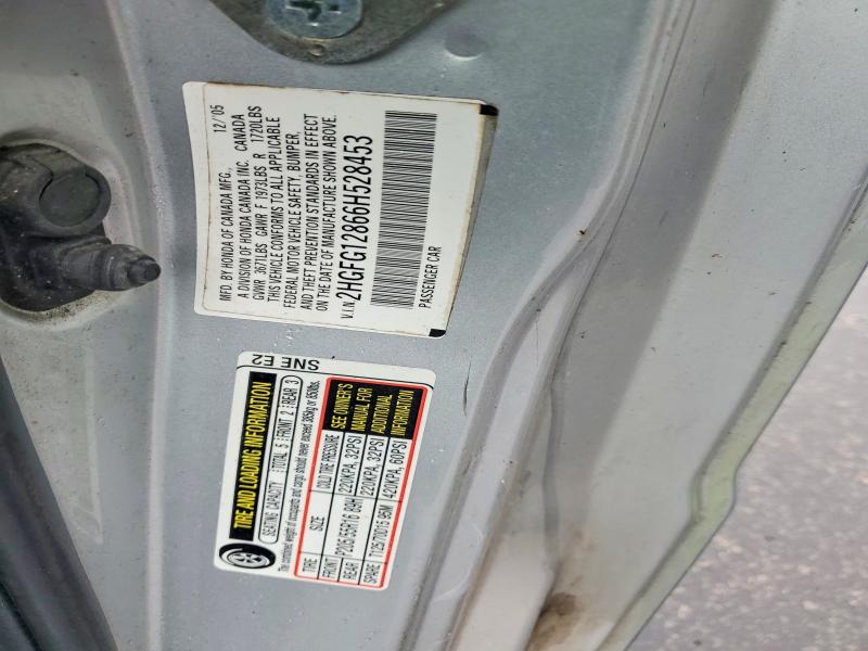 2006 Honda Civic მანქანა იყიდება აუქციონზე, vin: 2HGFG12866H528453, აუქციონის ნომერი: 71663666