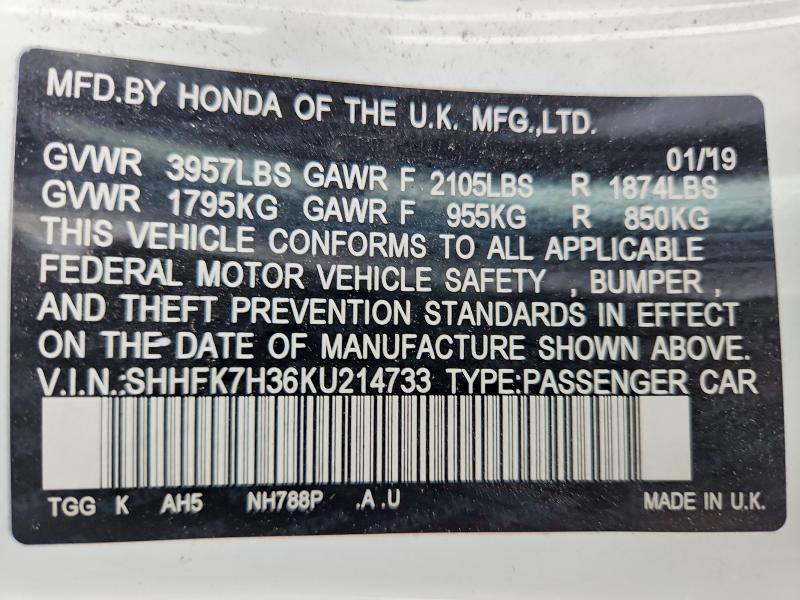 2019 Honda Civic მანქანა იყიდება აუქციონზე, vin: SHHFK7H36KU214733, აუქციონის ნომერი: 71471936