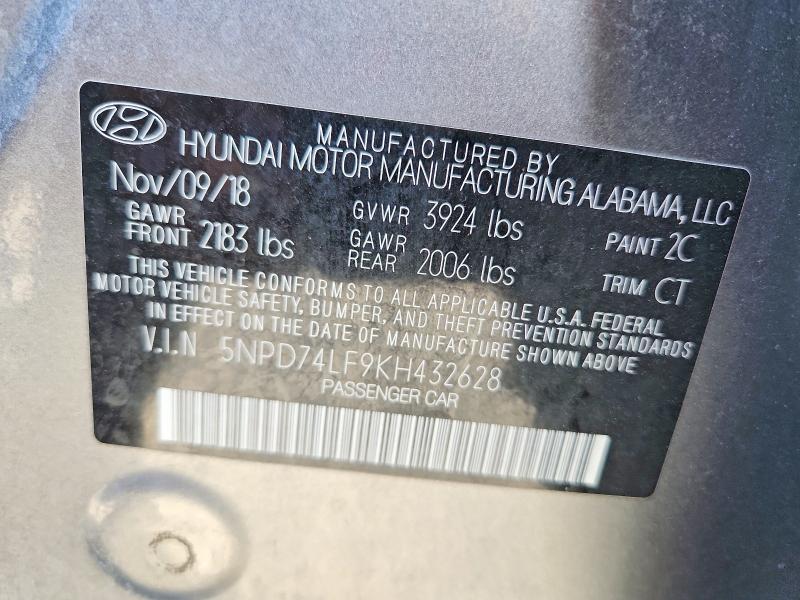 2019 Hyundai Elantra მანქანა იყიდება აუქციონზე, vin: 5NPD74LF9KH432628, აუქციონის ნომერი: 71220636