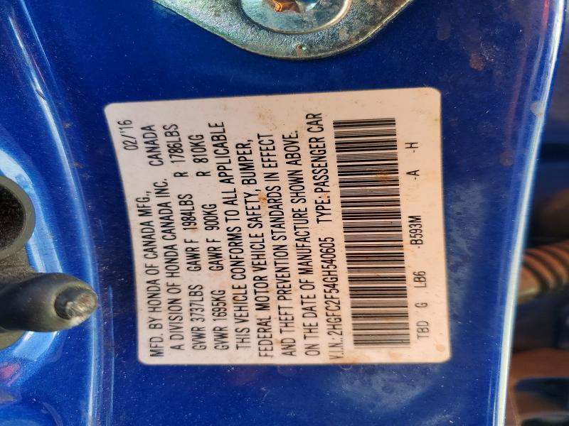 2016 Honda Civic მანქანა იყიდება აუქციონზე, vin: 2HGFC2F54GH540605, აუქციონის ნომერი: 71595586