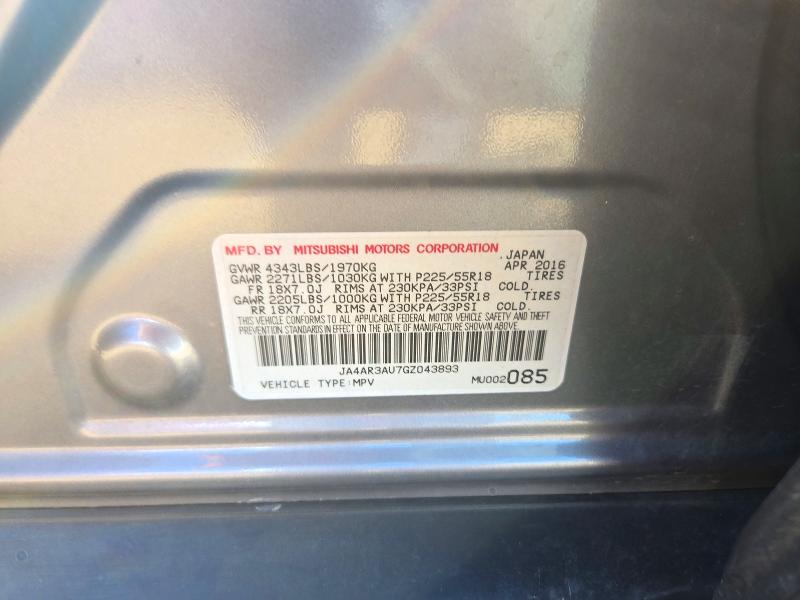 2016 Mitsubishi Outlander Sport მანქანა იყიდება აუქციონზე, vin: JA4AR3AU7GZ043893, აუქციონის ნომერი: 72382536