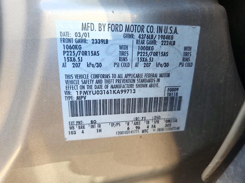 2001 Ford Escape მანქანა იყიდება აუქციონზე, vin: 1FMYU03161KA99713, აუქციონის ნომერი: 72247076