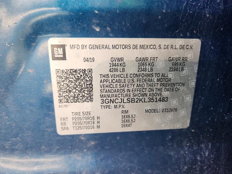 2019 Chevrolet Trax მანქანა იყიდება აუქციონზე, vin: 3GNCJLSB2KL351483, აუქციონის ნომერი: 71364856