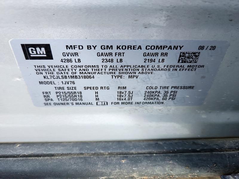 72178726 :رقم المزاد ، KL7CJLSB1MB318064 vin ، 2021 Chevrolet Trax مزاد بيع