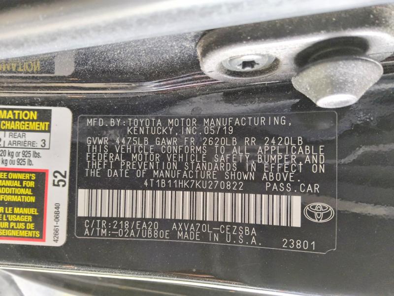71677816 :رقم المزاد ، 4T1B11HK7KU270822 vin ، 2019 Toyota Camry مزاد بيع