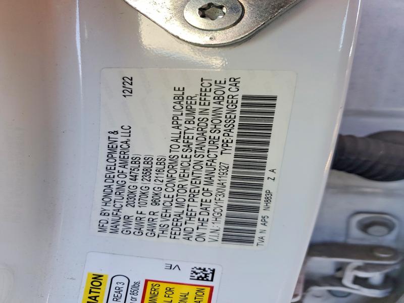 70980996 :رقم المزاد ، 1HGCV1F3XNA119327 vin ، 2022 Honda Accord مزاد بيع