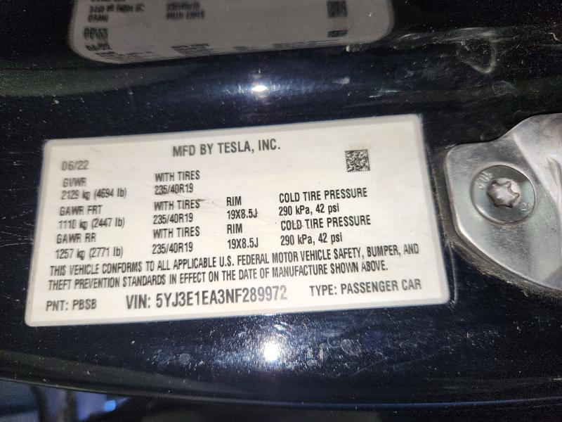 Продажа на аукционе авто 2022 Tesla Model 3, vin: 5YJ3E1EA3NF289972, номер лота: 71728826