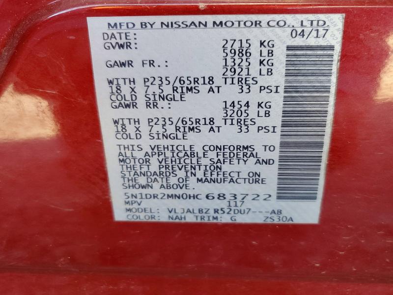 2017 Nissan Pathfinder მანქანა იყიდება აუქციონზე, vin: 5N1DR2MN0HC683722, აუქციონის ნომერი: 72835036