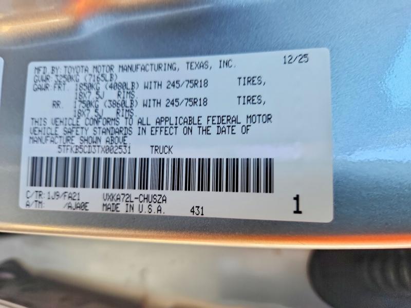 71802186 :رقم المزاد ، 5TFKB5CD3TX002531 vin ، 2026 Toyota Tundra مزاد بيع