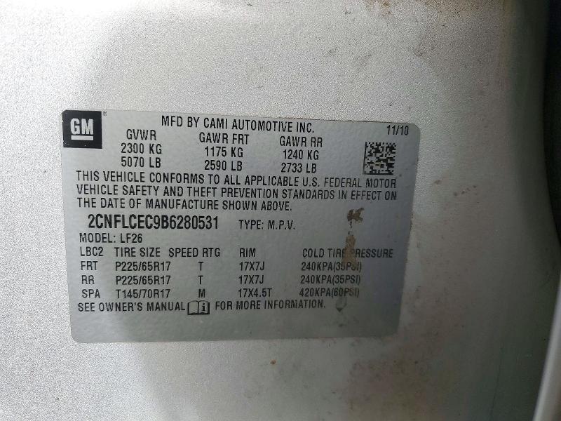 72168096 :رقم المزاد ، 2CNFLCEC9B6280531 vin ، 2011 Chevrolet Equinox مزاد بيع