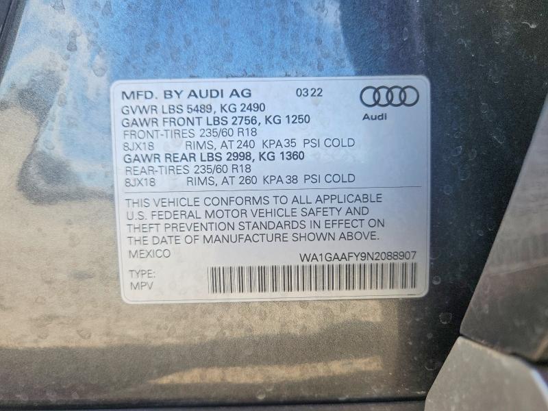 Продаж на аукціоні авто 2022 Audi Q5, vin: WA1GAAFY9N2088907, номер лоту: 69988276