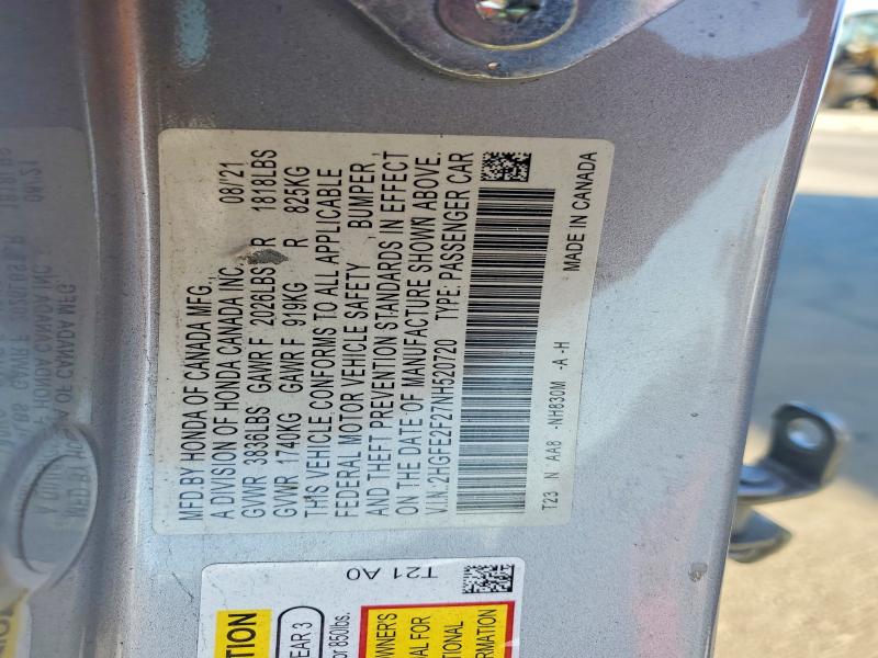 2022 Honda Civic მანქანა იყიდება აუქციონზე, vin: 2HGFE2F27NH520720, აუქციონის ნომერი: 71852296