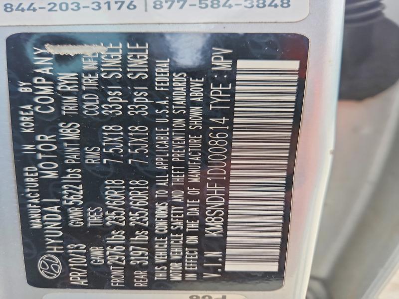 2013 Hyundai Santa Fe მანქანა იყიდება აუქციონზე, vin: KM8SNDHF1DU008614, აუქციონის ნომერი: 71755176