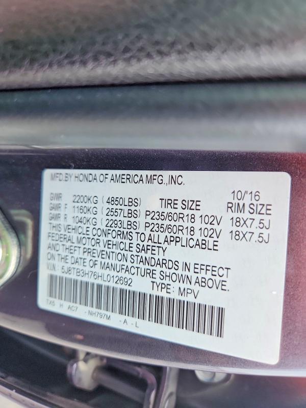 71714136 :رقم المزاد ، 5J8TB3H76HL012692 vin ، 2017 Acura Rdx مزاد بيع