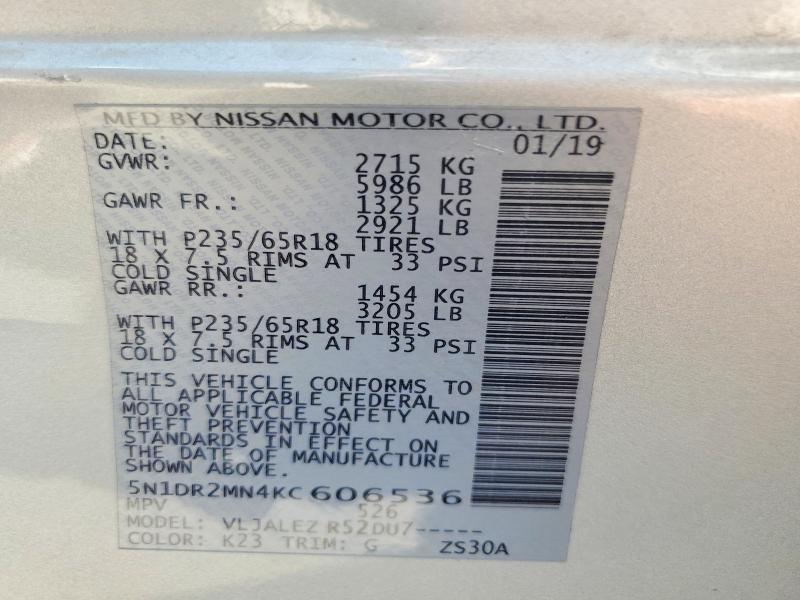 Продаж на аукціоні авто 2019 Nissan Pathfinder, vin: 5N1DR2MN4KC606536, номер лоту: 71408236