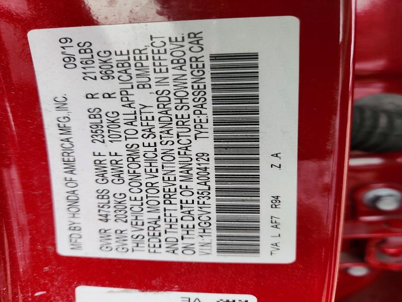 2020 Honda Accord მანქანა იყიდება აუქციონზე, vin: 1HGCV1F35LA004129, აუქციონის ნომერი: 70272326