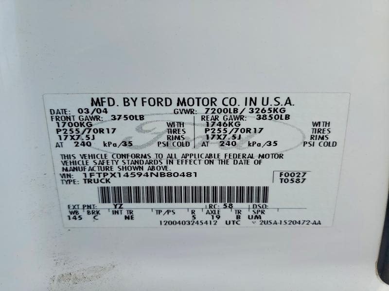 Auction sale of the 2004 Ford F150, vin: 1FTPX14594NB80481, lot number: 71805816