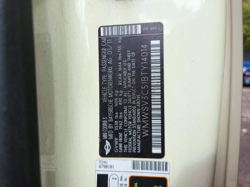 Продажа на аукционе авто 2011 Mini Cooper, vin: WMWSV3C51BTY14014, номер лота: 72441696
