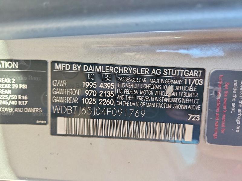 Aukcja sprzedaży 2004 Mercedes-benz Clk 320, vin: WDBTJ65J04F091769, numer aukcji: 70813306